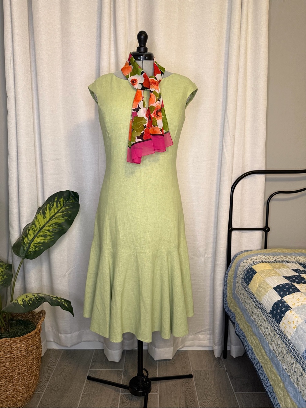 Vintage Miss Dorby 90s Minimalist Drop Waist Flounce Midi Dress Green Size 6